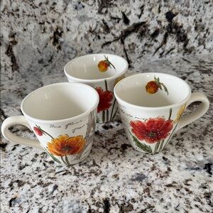 Floral Ceramic Mug Set Poppy Flower- Red and Orange